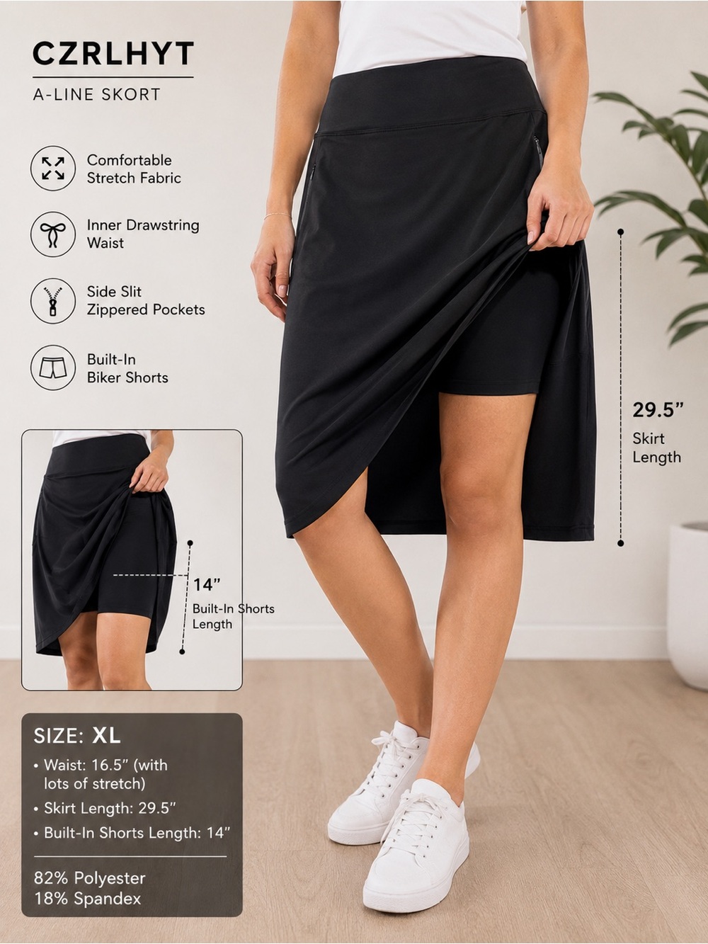 CZRLHYT Black A-Line Skort with Built-In Shorts | Size XL